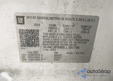 2020 Chevrolet Trax 1Lt из США, поврежденный, VIN 3GNCJPSB5LL180706